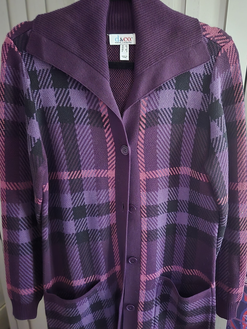 Denim&Co Purple Plaid Button-Front Women's Sweater Cardigan